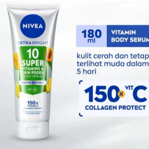 NIVEA Body Serum Extra Bright 10 Super Vitamins & Skin Foods Youth Protect Collagen 180ml
